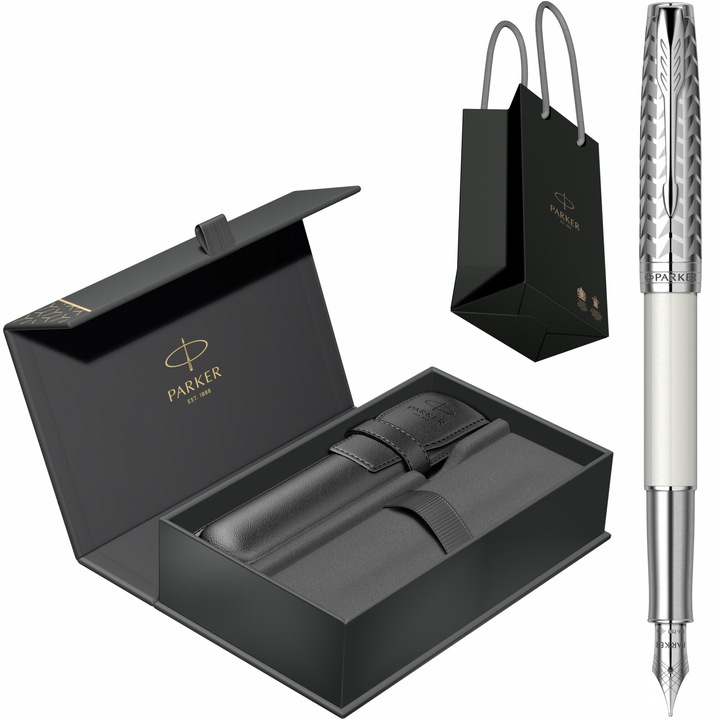 Stilou Parker Sonnet Royal Metal & Pearl PDT cu penita din aur de 18k, convertor DeLuxe montat, in cutie cu etui Royal IV Collection si punga Parker