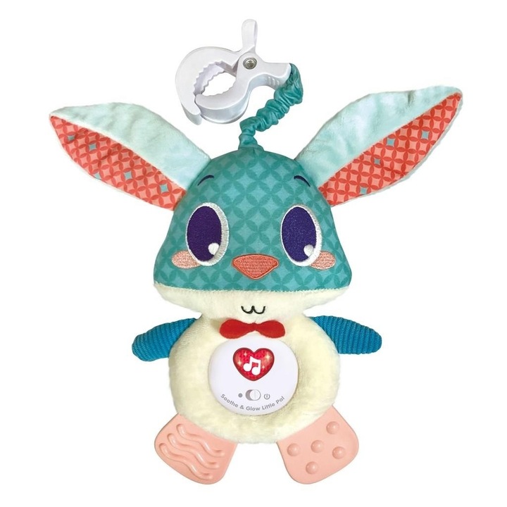 Jucarie senzoriala din plus pentru bebelusi, cu sunete si lumini, cu clema pentru patut, iepuras, multicolora