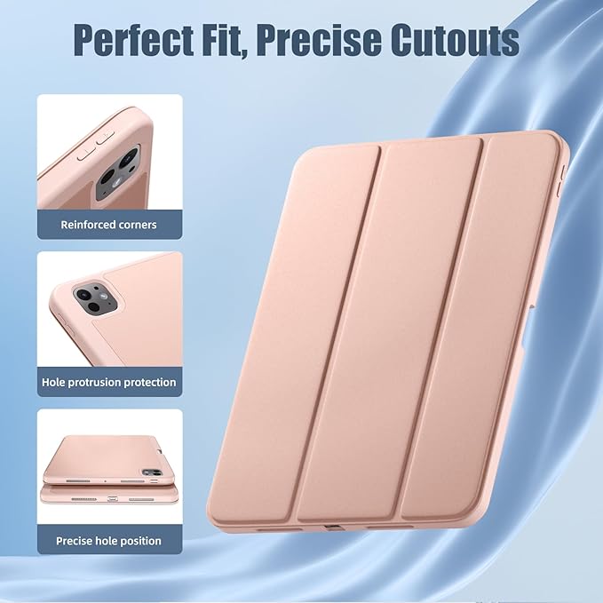 Husa pentru tableta, compatibila cu iPad Pro de 11 inchi M4 2024/M5 2025（6th/5th Generation）, Cu tava pentru stilouri, inteligenta trezire/dormire automata, Roz