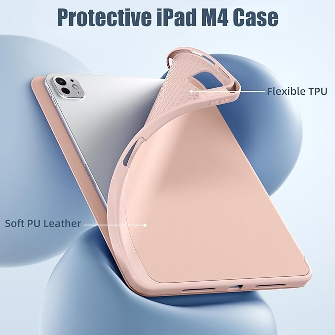 Husa pentru tableta, compatibila cu iPad Pro de 11 inchi M4 2024/M5 2025（6th/5th Generation）, Cu tava pentru stilouri, inteligenta trezire/dormire automata, Roz