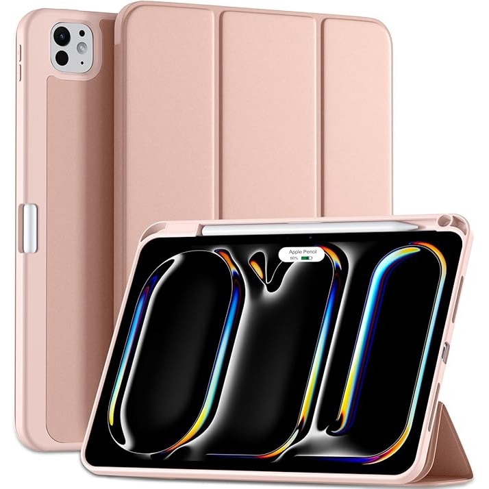 Husa pentru tableta, compatibila cu iPad Pro de 11 inchi M4 2024/M5 2025（6th/5th Generation）, Cu tava pentru stilouri, inteligenta trezire/dormire automata, Roz