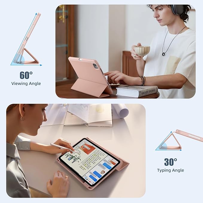 Husa pentru tableta, compatibila cu iPad Pro de 11 inchi M4 2024/M5 2025（6th/5th Generation）, Cu tava pentru stilouri, inteligenta trezire/dormire automata, Roz