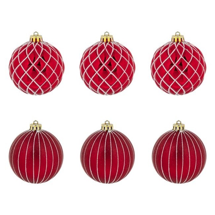 Set 6 globuri brad Craciun Antbro® rosii, stralucitoare si mate cu dungi cu glitter si romburi, 8cm