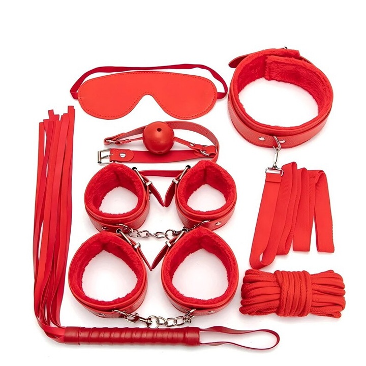 Бондаж комплект аксесоари Mimimo, 7 части, Синтетичен, Червен
