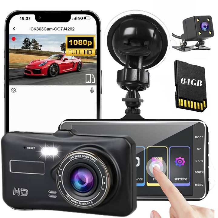 Камера за кола ATOMKIT 4" Full HD 1080P, Двойна, сензорен екран, включена 64Gb карта, IR нощно виждане, широкоъгълен преден 150° и заден 120°, IPS екран, 24/7 наблюдение, G сензор за защита от удар, цикличен запис, лесна инсталация, черен