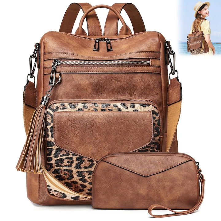 Дамска раница RorAem 3 в 1, PU кожа, Може да се използва като раница, кръстосана чанта и дамска чанта, Множество отделения, издръжливи ципове, регулируема презрамка, Идеална за училище, офис и ежедневна употреба, Най-добрият подарък за нея, Кафява