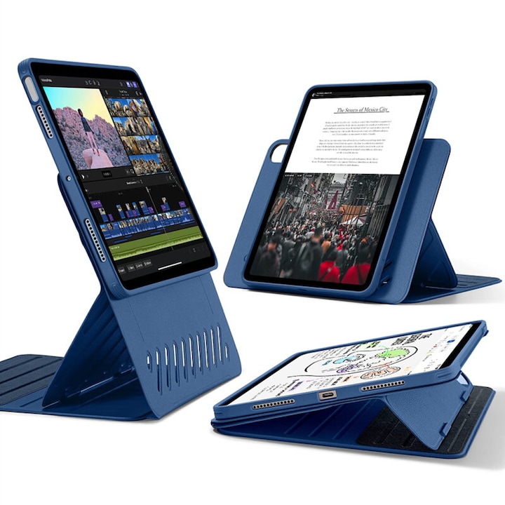 Защитен калъф тип книга съвместим с Apple iPad Air 13 2024, Magnetic Shift, тип стойка, магнитен капак, екологична кожа, Тъмносин
