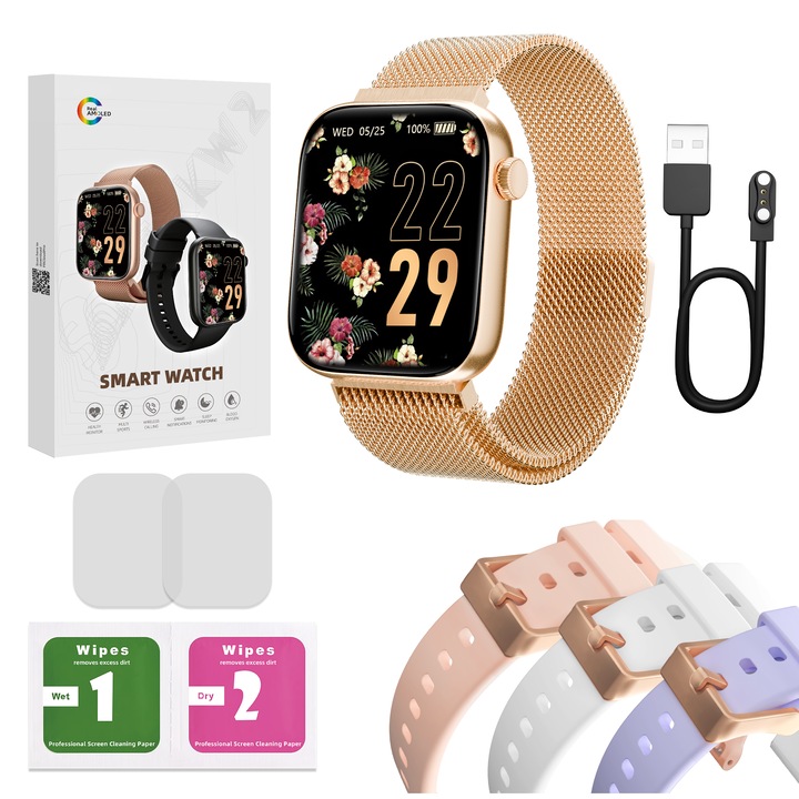 Ceas Smartwatch, AMOLED, ecran HD 1.85", inteligent, fitness, sport, rezistent la apa, functie inteligenta de numarare a pasilor, unisex, notificari, fara fir, apel Bluetooth 5.3, microfon HD, monitorizare somn, Limba Romana, FitCloud, Gold