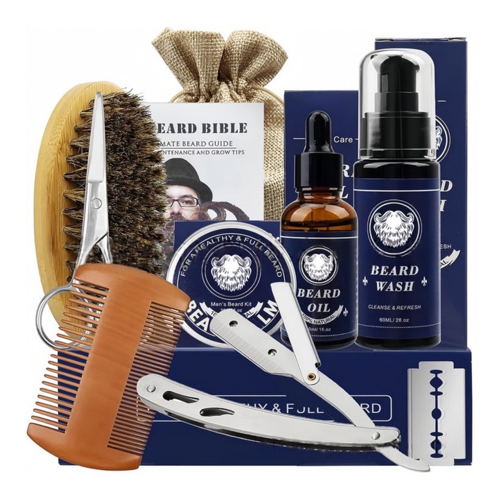 Set complet ingrijire barbati pentru barba si mustata, 9 piese, RorAem®, ulei de barba, crema de barba, perie, pieptene, foarfece, Set ingrijire barba