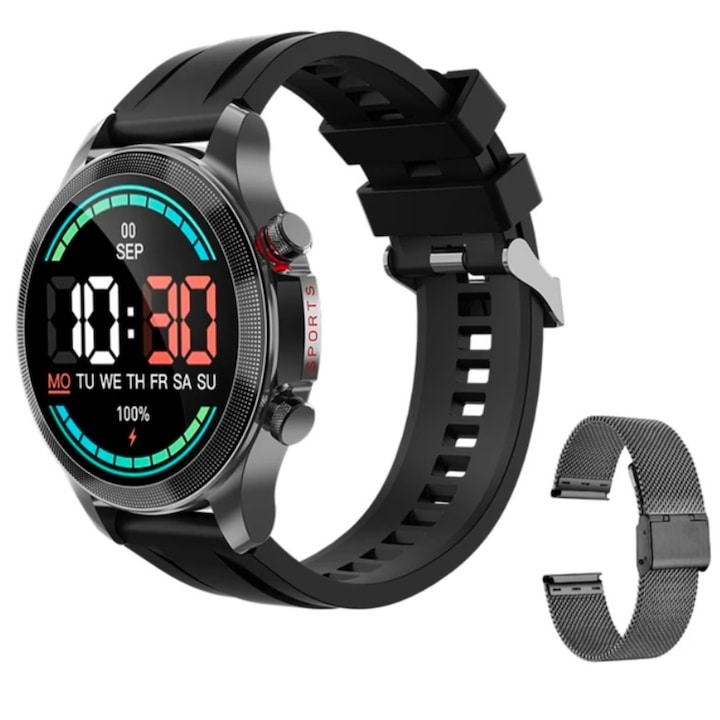Ceas Smartwatch P8T Optimus idealStore, Curea Silicon, Negru, Impermeabil, 1.4 inch Full Touch Screen, Notificari App, Sedentary Reminder, Control Camera, Music Cotrol, Anti-Lost, Monitorizare Ritm Cardiac, Arderea Caloriilor, Pedometru, Cronometru