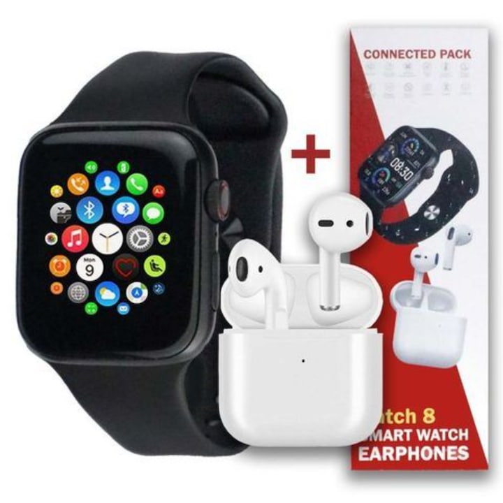 Set de Smartwatch (negru ) 8 DM01 si Casti (albe) Wireless de inalta calitate