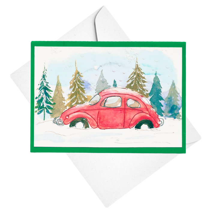 Felicitare, pictata manual in acuarela, Masinuta Vesela in Tara Zapezii, 16x11 cm