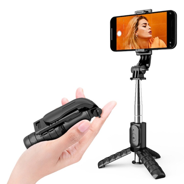 Mini selfie stick cu tripod, telecomanda bluetooth, rotire 360, 74cm extins, otel si ABS, Negru