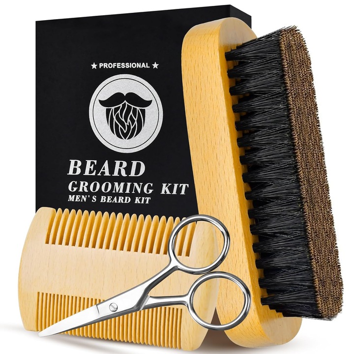 Set ingrijire barba, RorAem, cu Set complet ingrijire barbati pentru barba si mustata, compus din 3 piese, Perie Lemn, Foarfeca, Pieptan Lemn cu Doua Fete, saculet pentru depozitare si transport, Usor de utilizat si de transportat, Pentru ziua de nastere