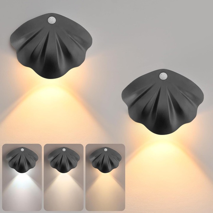 Комплект от 2 LED лампи за стена със сензор за движение RorAem®, преносима LED нощна лампа, 500mAh, USB зареждане, 3 цветни температури, IP20, Зарежда се през USB, За съблекалня, кухненски шкаф, баня, коридор, стълбище, детска стая, черен