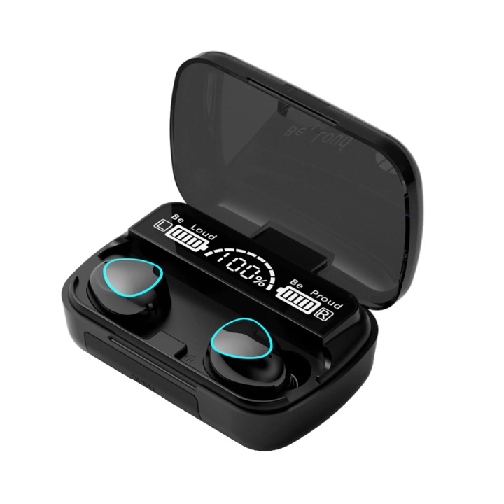 Casti wireless M10, Bluetooth 5.3, Stereo, LED, TWS, cu statie de incarcare si afisaj, 2000 mAh, Negru
