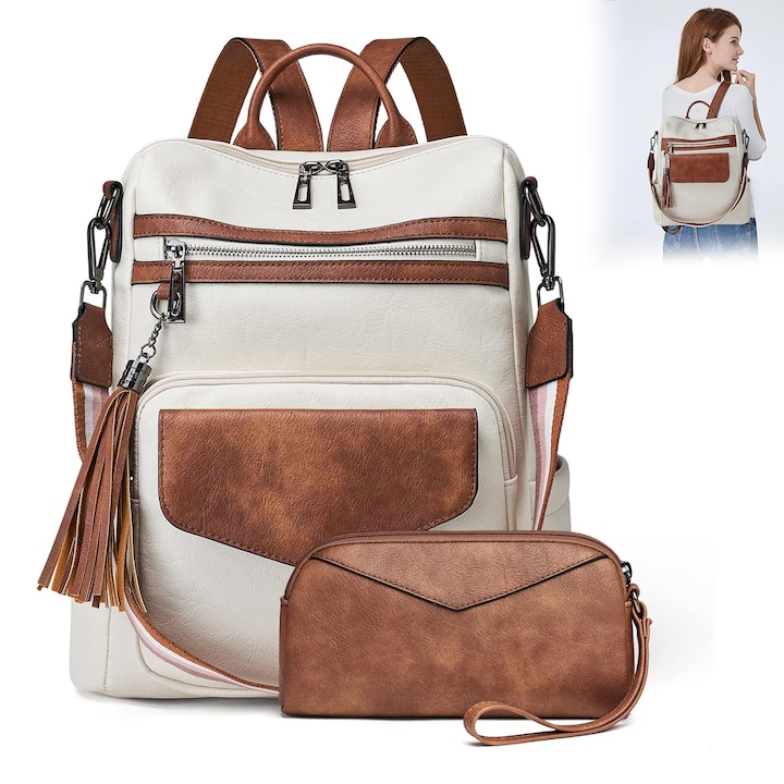 Дамска раница RorAem 3 в 1, PU кожа, Може да се използва като раница, кръстосана чанта и дамска чанта, Множество отделения, издръжливи ципове, регулируема презрамка, идеална за училище, офис и ежедневна употреба, Най-добрият подарък за нея, Бяло-кафяв
