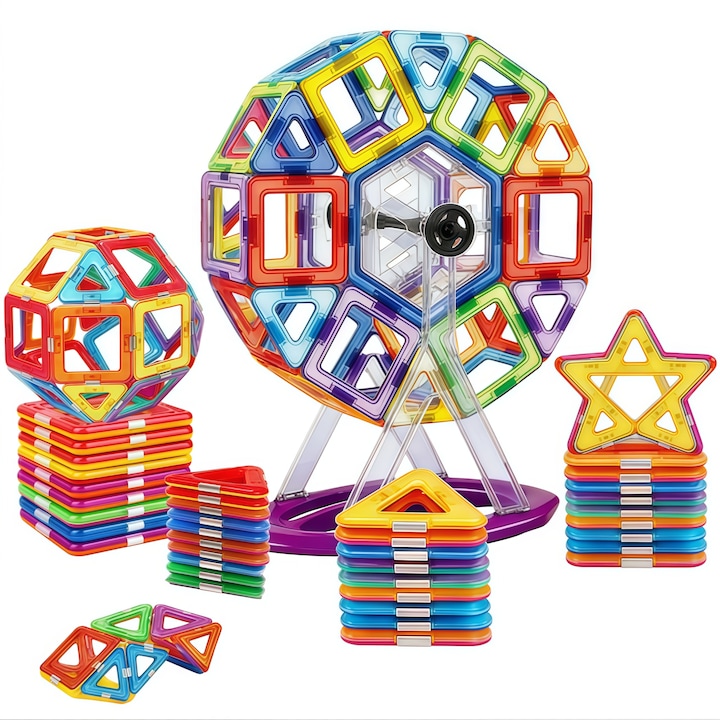 Set 73 piese Jucarii Magnetice pentru Constructie, set de constructie cu magnet puternic jucarii educationale luminoase, baieti si fete, multicolor, 3 ani +, Numeroase Posibilitati de Construit Creativ, Dezvoltarea Abilitatilor Motrice si a Imaginatiei