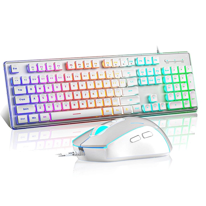 Kit Tastatura si Mouse Gaming RGB cu Fir, 104 Taste Slim cu Functii Multimedia, Iluminare 7 Culori, DPI Reglabil, Baza Metalica, Design Ergonomic, Plug & Play, Set Complet Alb pentru PC si Laptop