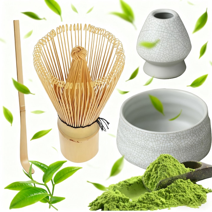 Set de ceai matcha, RorAem, Pentru ceremonia ceaiului, Natural si lucrat manual, Design ergonomic, Usor de prins si de curatat, Pentru calmant si meditativ, Bambus/Ceramica, 500ml, cadou pentru iubitorii de ceai, decoratiune pentru bucatarie, Alb