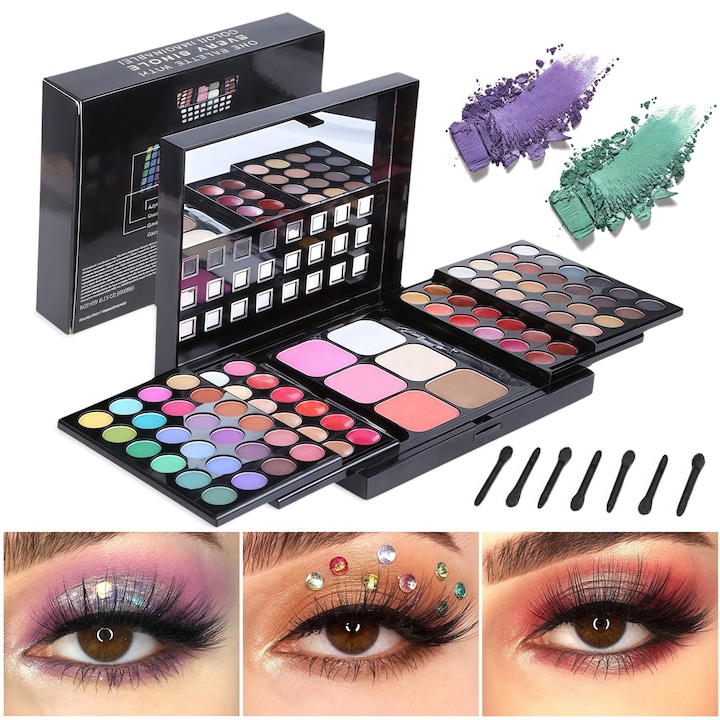 Trusa de machiaj RorAem, paleta 78 culori, nuante neutre si vibrante, rezistenta la apa, cu pensule inclusa
