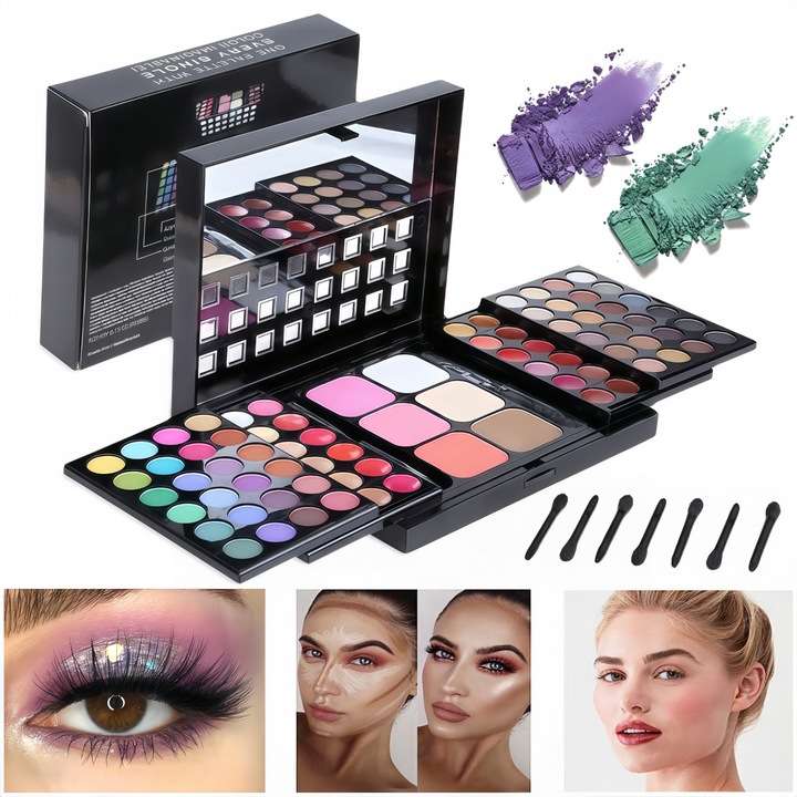Trusa machiaj complet 78, RorAem, Trusa de make-up profesionala cu paleta de farduri de ochi, set de luciu de buze, ruj, fard de obraz, fond de ten, corector, perii de machiaj, Pentru machiajul de zi cu zi, munca, intalniri, machiaj profesional de scena