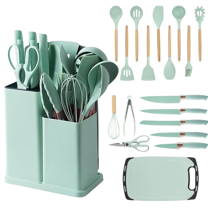 Set de Ustensile de Bucatarie, RorAem, cu Set Ustensile Bucatarie Piese, Antiaderente, instrumente de bucatarie fara BPA, Silicon alimentar si Lemn, Cutite, Suport Blat, Termorezistente, set de unelte de bucatarie de amestecare, verde apa