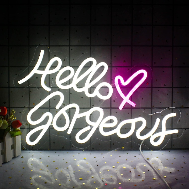 Decoratiune luminoasa LED neon, Hello Gorgeous, lumina alba, 42 x 25.5 CM