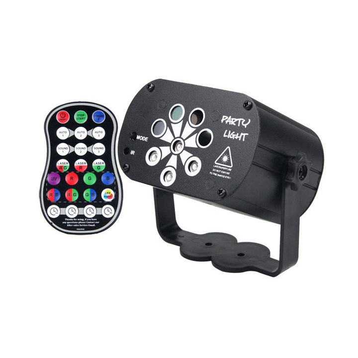 PAR LED светлинен проектор, RGB, Черен, Диско / Клуб / Екстериор / Архитектурен, 8 кладенци с 240 модела, Контролируема LED светлина, Оборудван с радио управление, Функция таймер, Игри с множество светлини, Лазерен ефект, Черен