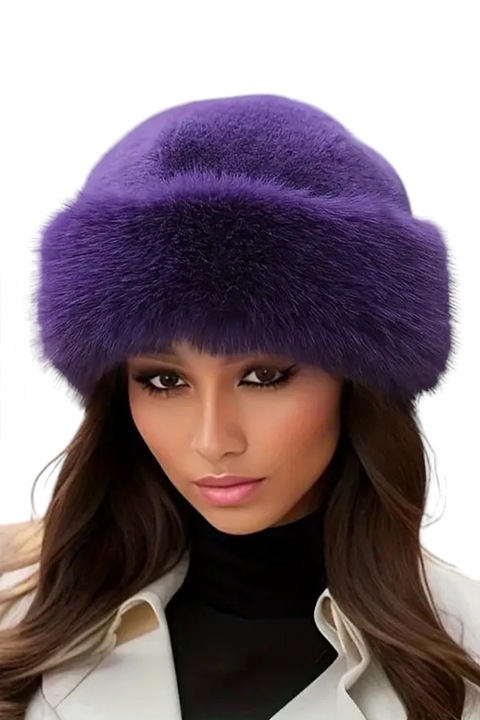 Дамска шапка, елегантен топъл модел с пухкава периферия, тема зимна дама, универсален размер, лилаво, EFAYN