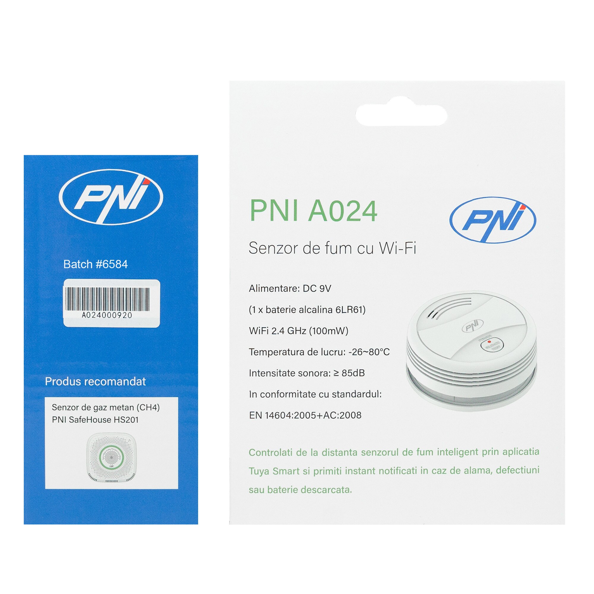 Senzor de fum PNI A024 cu Wi-Fi, control din aplicatia Tuya Smart ...