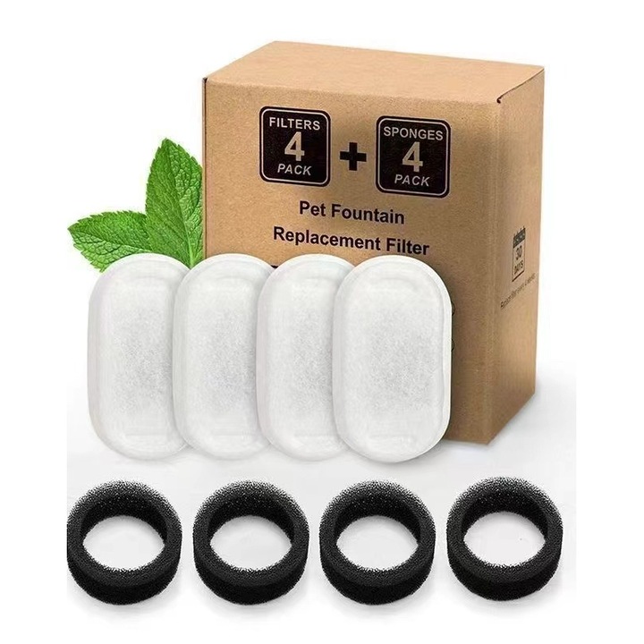 Set de filtre pentru fantana de apa pentru pisici, 4 filtre din bumbac si 4 bureti prefiltru, carbon activ, compatibil cu fantani din otel inoxidabil