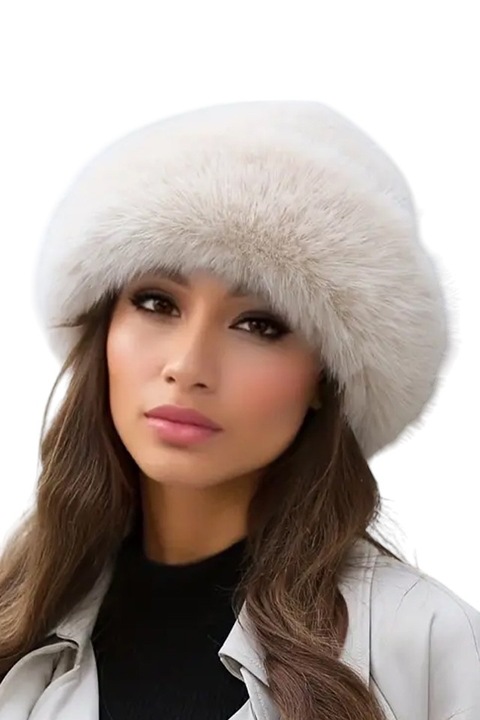 Дамска шапка, елегантен топъл модел с пухкава периферия, тема зимна дама, универсален размер, бежово, EFAYN