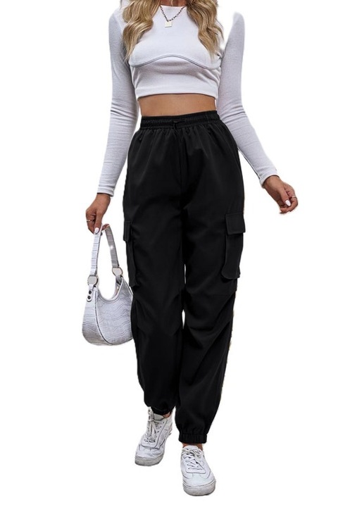 Pantaloni Dama, Model Cargo Cu Talie Inalta, Siret Si Buzunare Cu Clapeta, Negru