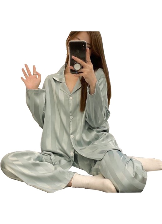Set pijama din matase simulata pentru femei, BGHYHYHI, dungi verticale, verde deschis, marimea XL
