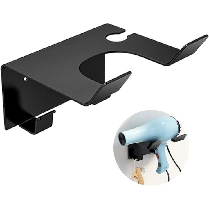 Suport pentru uscator de par, BOMSTOM, otel inoxidabil, rezistent la rugina, prindere cu fisa, carlig dublu, montare autoadeziva/forata, usor de incarcat si descarcat, universal, pentru dormitor, baie, 11,5x9,5x5,5 cm, negru
