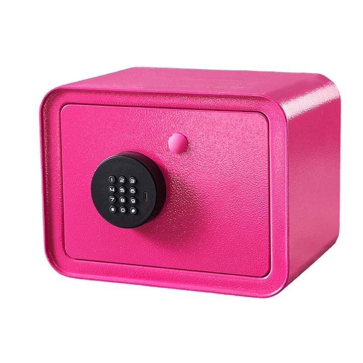 Seif Mini Metalic Digital cu Deschidere Superioara, Rezistent la Spargere, Capacitate Mare, Roz