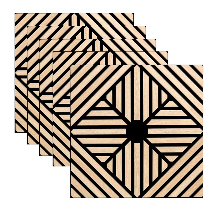 Set 5 Panouri riflaje acustice decorative, MDF si pasla, Naimeed D6768, 60x60x1.8cm, Stejar