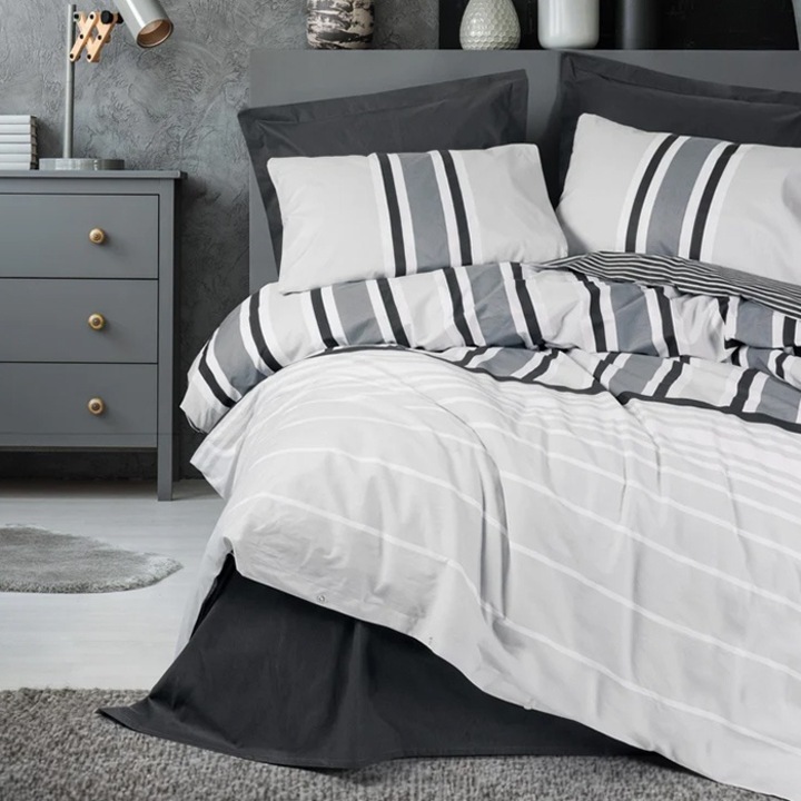 Спално бельо за 2 човека, Cottonbox, Nobby, Grey, Cotton 100%, 4 части