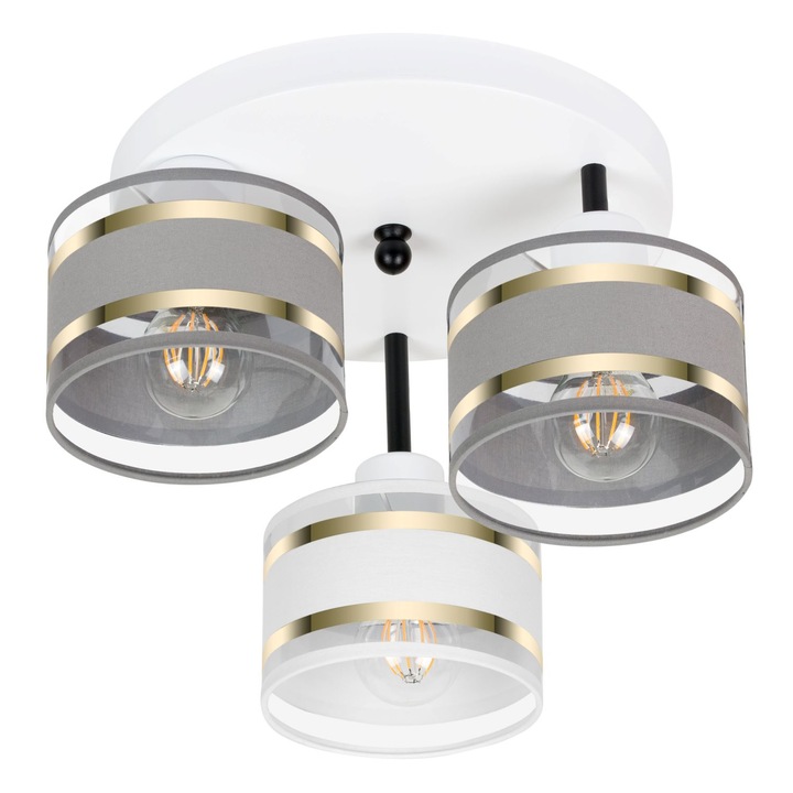 Lustra ALFALUX, 3 puncte, alb cu abajururi gri-albe, 30x30x26H cm, E27, metal