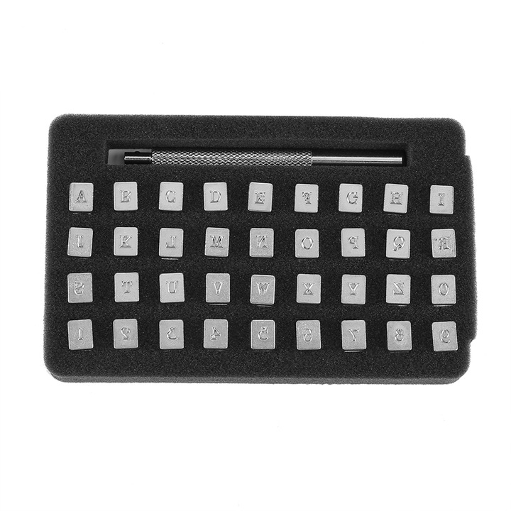 Kit poansoane pentru piele, Amrinugl, Litere si numere, 36 piese, Otel, 3mm/6mm, Argintiu