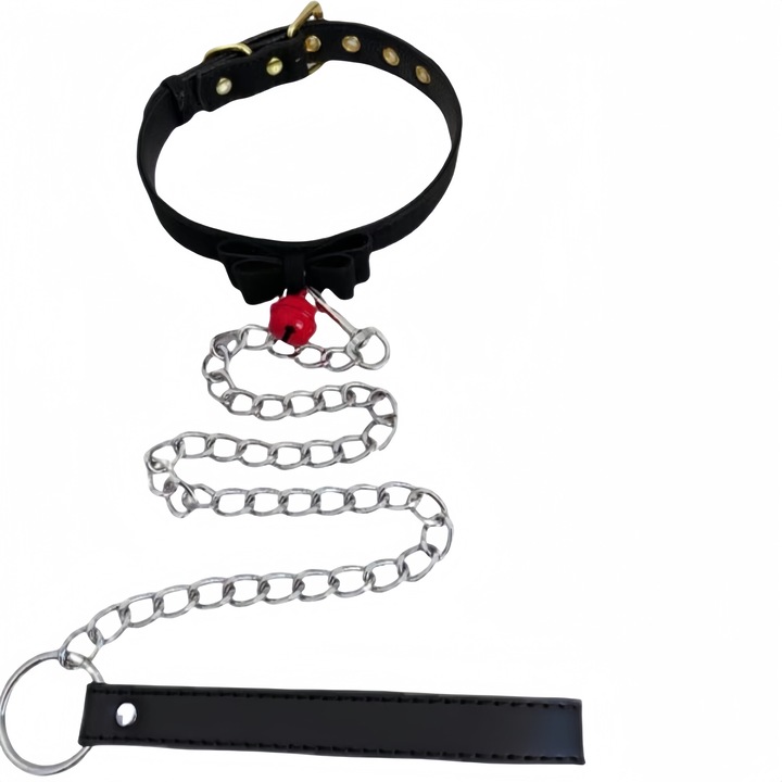 Set BDSM, colier de tractiune SM, design inima, piele PU neagra, 39.5x1.5cm, lungime totala 109cm