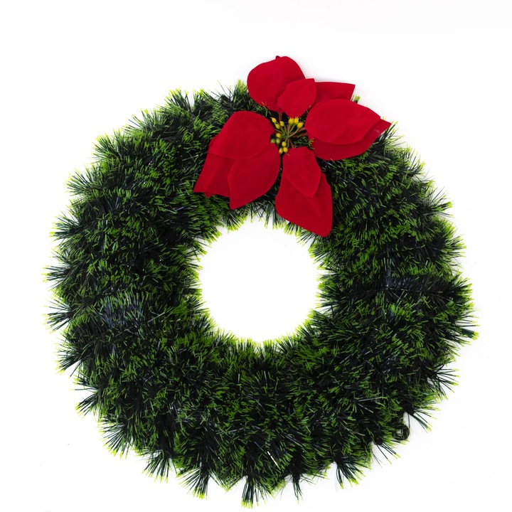 Coronita de Craciun artificiala, OEM, 40 cm, deasa, pentru usa / perete, decorata cu floare Craciunita, din beteala, Verde/Rosu
