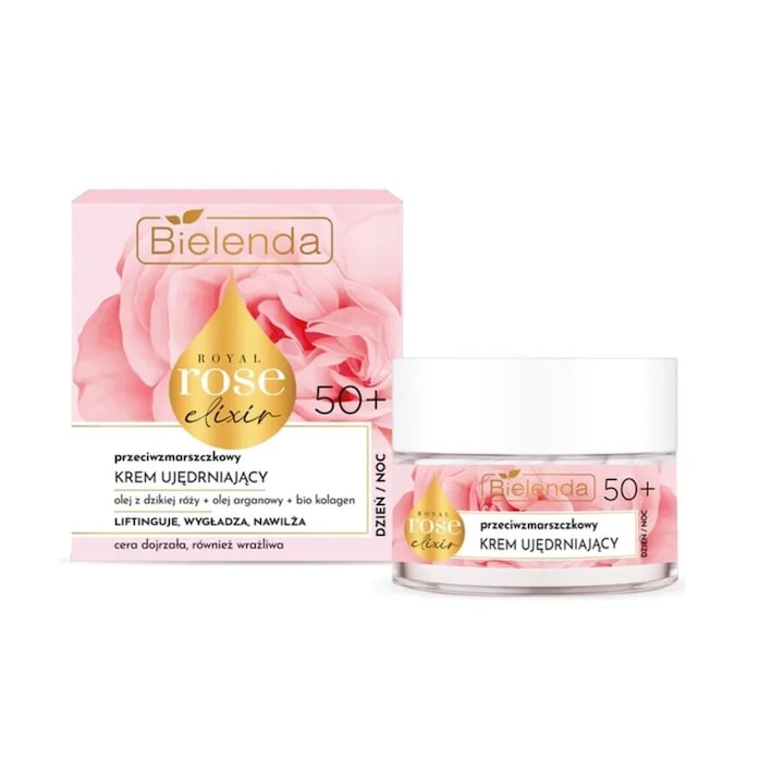Crema de fata Bielenda Royal Rose Elixir 50+, usor hidratanta, cu extract de petale de trandafir, 50ml