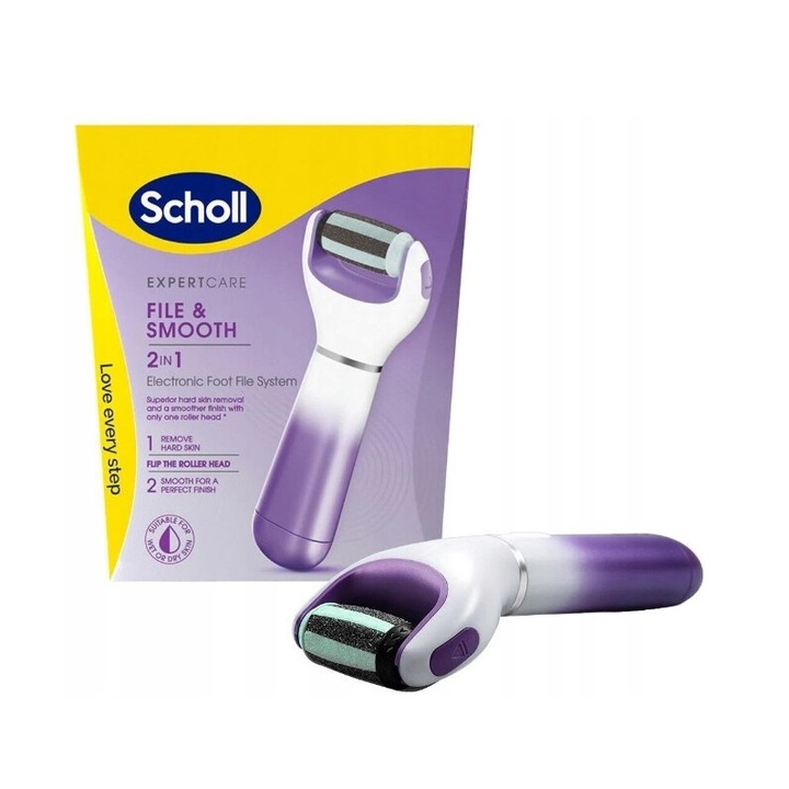 Pila electrica Scholl Expert Care 2in1 pentru ingrijirea picioarelor, 2 viteze, alimentare cu 4 baterii AA, utilizare pe piele uscata