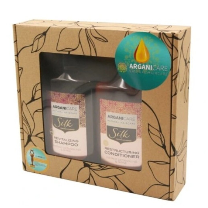 Set sampon si balsam Arganicare Silk, 400ml, cu ulei de argan si proteine de matase, pentru par uscat si deteriorat