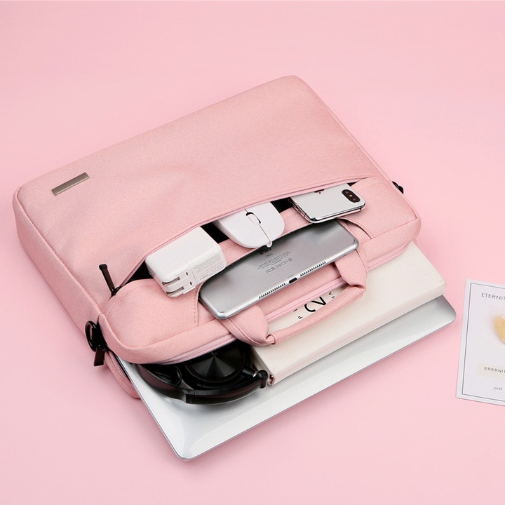 Geanta laptop 14.1 inch, cu curea de umar, material impermeabil, design slim, 3 buzunare exterioare, 5 buzunare interioare, 40x28x5cm, roz