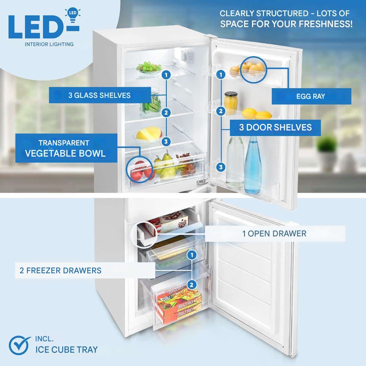 Combina frigorifica Bomann, KG7359W, H 143 cm, capacitate totala 173 litri, congelator 52 litri, alarma usi deschise, compartiment pentru fructe/legume, iluminare interioara LED, usi reversibile, alb