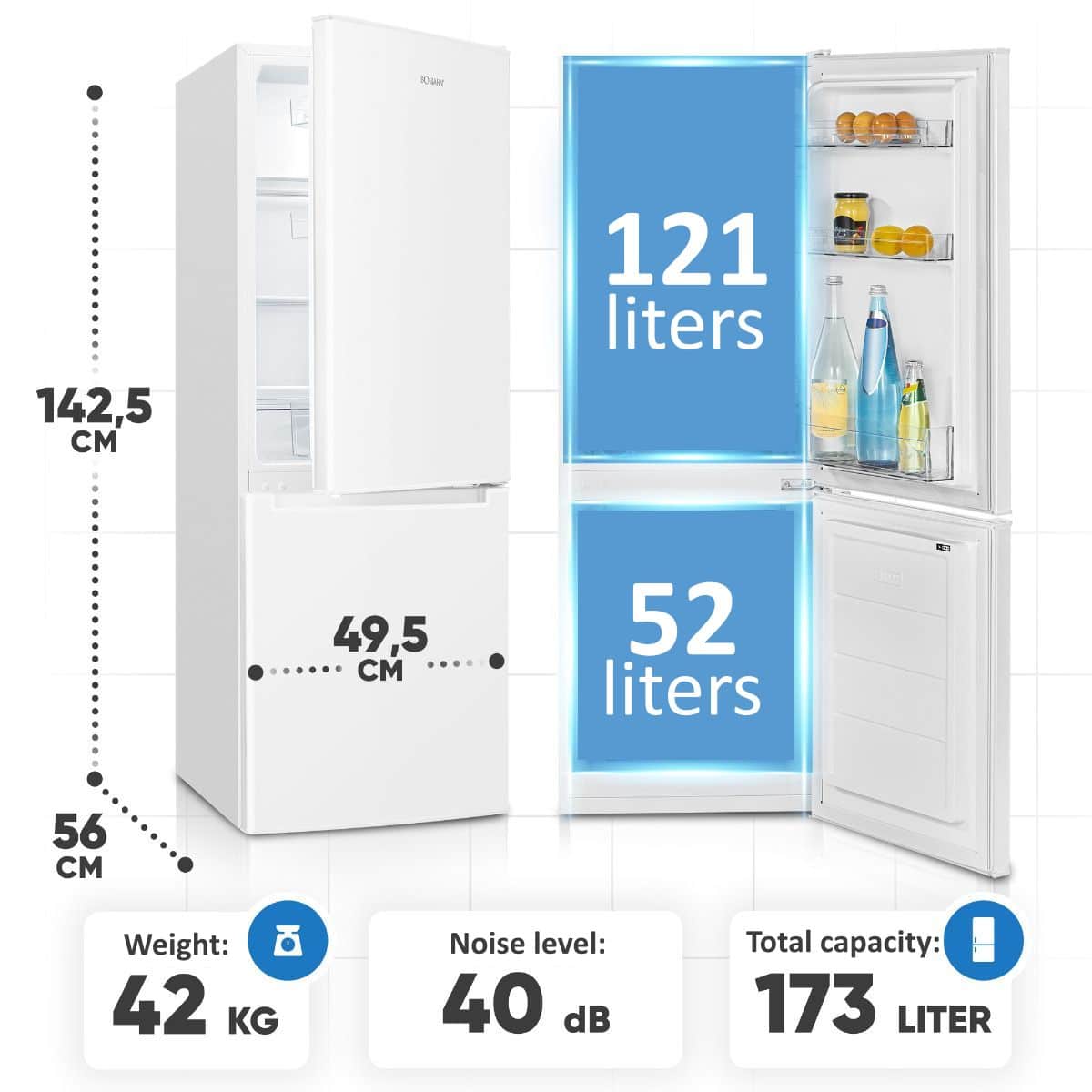 Combina frigorifica Bomann, KG7359W, H 143 cm, capacitate totala 173 litri, congelator 52 litri, alarma usi deschise, compartiment pentru fructe/legume, iluminare interioara LED, usi reversibile, alb