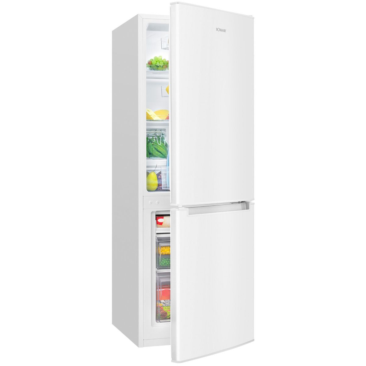 Combina frigorifica Bomann, KG7359W, H 143 cm, capacitate totala 173 litri, congelator 52 litri, alarma usi deschise, compartiment pentru fructe/legume, iluminare interioara LED, usi reversibile, alb